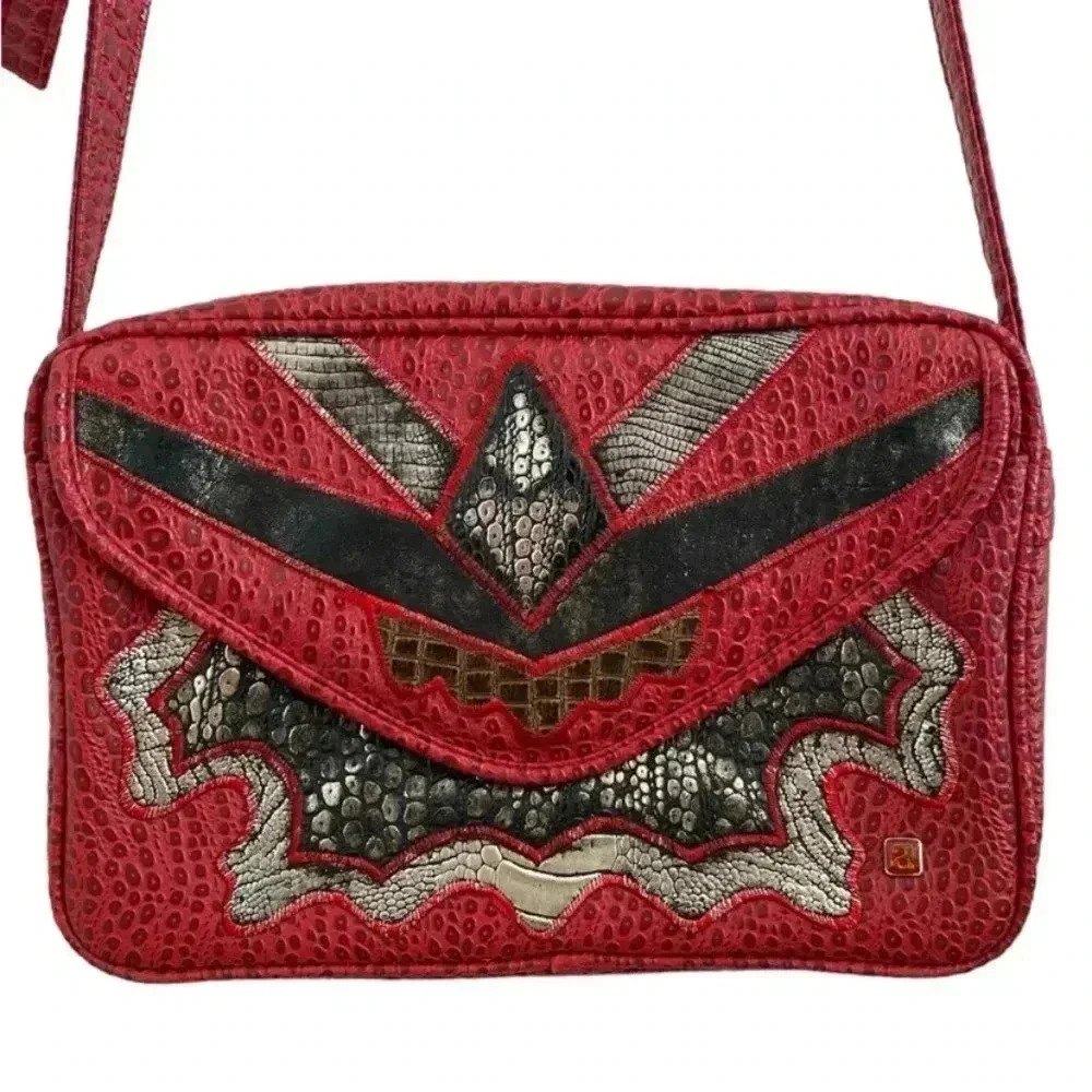 Alentino NAS Vintage Patchwork Crossbody Purse Bag Abstract Red Western